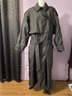 Vintage Textured Black Trench Coat with Belt by Liptons Canada